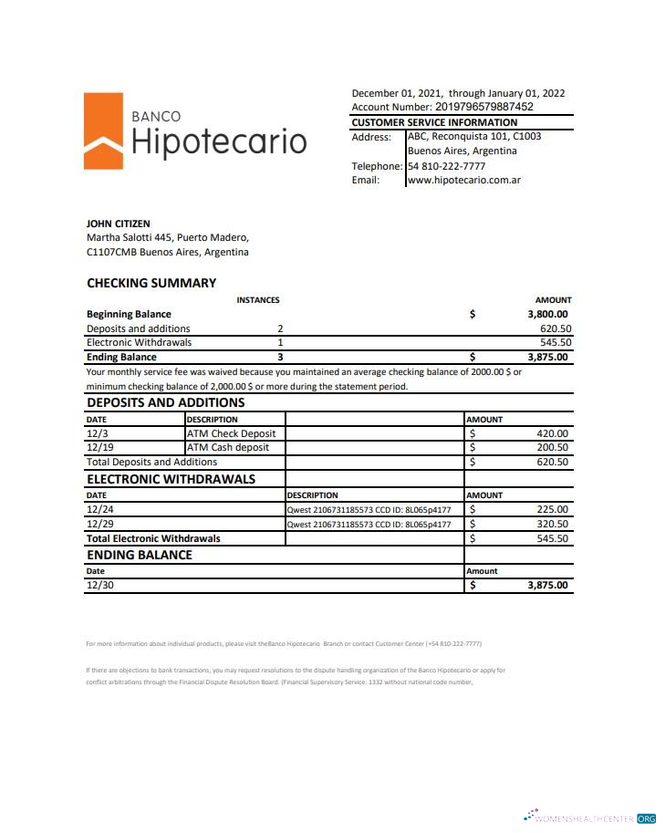 Download Argentina Banco Hipotecario bank statement excel Photoshop template